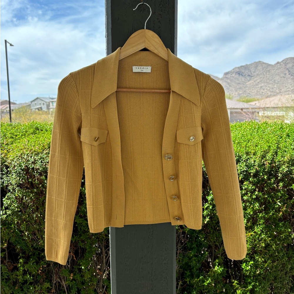 Sandro Mustard Ribbed Button-Up Cardigan - Picture 12 of 13
